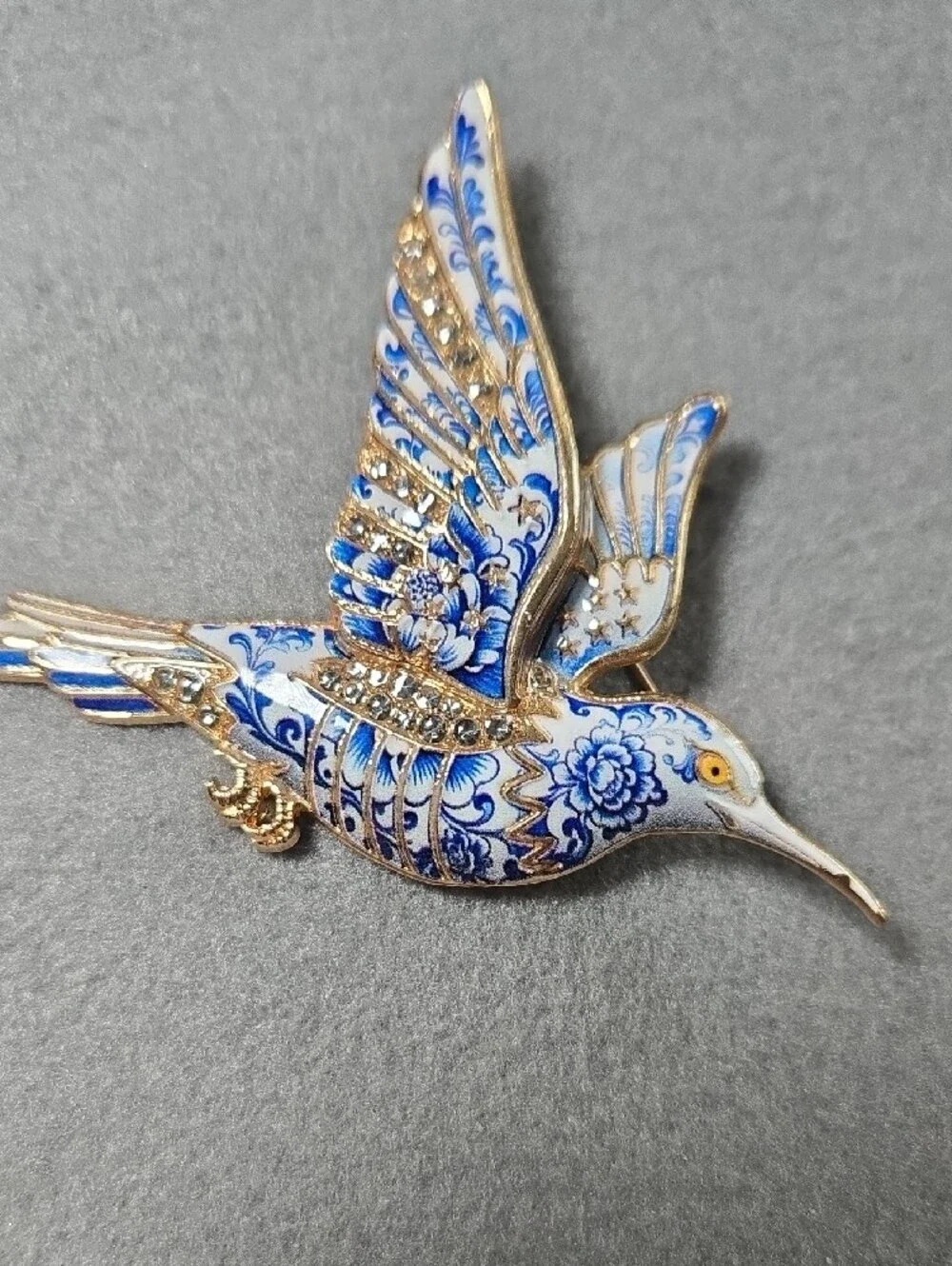 Blue and White Hummingbird Enamel Brooch